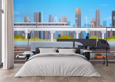 Modern Highway Road With Cars, Lorry And Cargo Trucks Over City Background Traffic Concept Flat Vector Illustration Wall mural