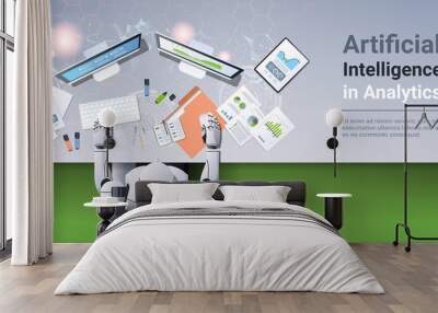 modern robot sitting at workplace humanoid analyzing financial graphs diagrams business analytics report artificial intelligence concept top angle desktop view horizontal copy space Wall mural