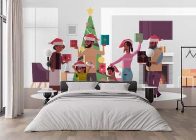 multi generation family with gift present boxes standing together merry christmas happy new year holiday celebration concept modern living room interior flat full length horizontal vector illustration Wall mural