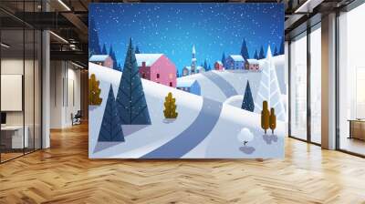 night winter village houses mountains hills landscape snowfall background horizontal flat vector illustration Wall mural