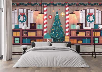 no people santa claus factory with gifts and decorated christmas tree new year winter holidays celebration concept Wall mural