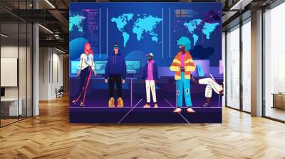 People community group technology workspace diverse individuals interacting in futuristic office environment with world maps screens and gadgets modern digital theme Wall mural