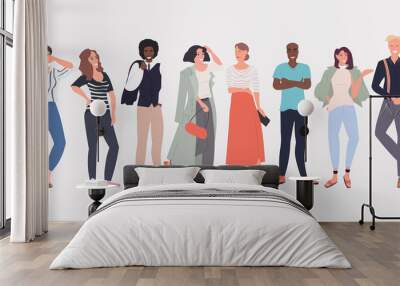 people fashion bloggers standing together smiling mix race men women posing female male cartoon characters full length horizontal vector illustration Wall mural