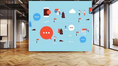 people online bubble chat speech communication map isometric concept computer mobile internet application horizontal banner blue background flat Wall mural