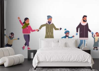 people skating on ice rink winter sport activity recreation at holidays concept mix race parents with children spending time together full length horizontal banner vector illustration Wall mural