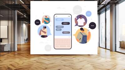 people typing message on smartphone mix race men women chatting in mobile app chat bubble communication Wall mural