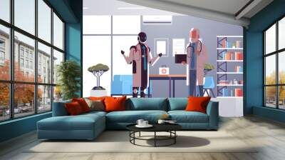 robot and human doctors discussing during meeting robotic character vs man standing together healthcare artificial intelligence technology concept hospital office interior full length horizontal Wall mural