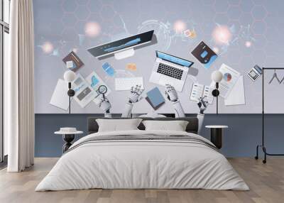 robot with many hands using digital devices at workplace desk office stuff working process top angle view artificial intelligence technology concept horizontal Wall mural