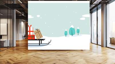 santa claus sleigh with present box merry christmas happy new year holiday celebration concept greeting card winter snowy landscape background horizontal vector illustration Wall mural