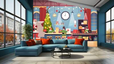 santa claus with elves putting gifts on machinery line conveyor happy new year christmas holidays celebration concept modern workshop interior horizontal vector illustration Wall mural