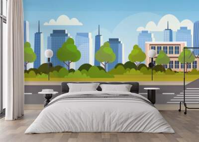 school building exterior road crosswalk back to school concept cityscape background flat horizontal banner Wall mural