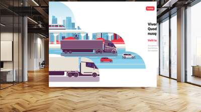 semi truck trailers driving highway road cars lorry over city background delivery cargo concept flat copy space horizontal vector illustration Wall mural