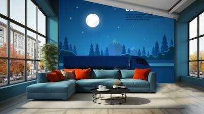 Semi Truck With Trailer Driving Over Natural Landscape At Night Banner With Copy Space Flat Vector Illustration Wall mural