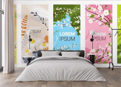 set beautiful flowers and leaves floral spring posters collection vertical greeting cards horizontal vector illustration Wall mural