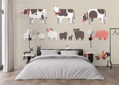 set farm animal cow goat pig turkey sheep chicken icons different domestic animals collection farming concept flat horizontal Wall mural