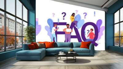 set mix race people with question exclamation marks using digital devices online support center frequently asked questions FAQ concepts collection full length horizontal Wall mural