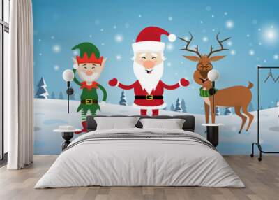 Smiling Santa Claus, Reindeer And Christmas Elf With Holiday Present Boxes Happy New Year Flat Vector Illustration Wall mural