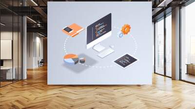 software web site design development concept programming language program code big data processing on computer screen 3d isometric coding technologies flat horizontal vector illustration Wall mural