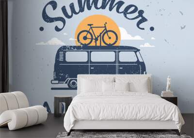 Summer adventures surf bus bike retro surfing vintage greeting card with lettering template poster flat vector illustration Wall mural