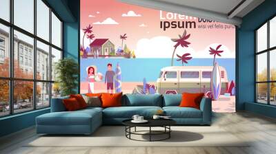 Summer vacation man woman surf bus sunset tropical beach retro surfing vintage villa island horizontal copy space template poster flat vector illustration Wall mural