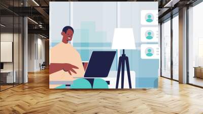 technology blogger recording online video blog live streaming blogging concept african american man vlogger using laptop living room interior horizontal portrait vector illustration Wall mural