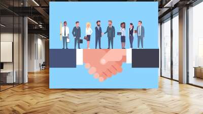 Two Businessmen Shaking Hands With Team Of Businesspeople, Business Agreement And Partnership Concept Flat Vector Illustration Wall mural