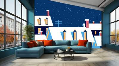 winter houses with snow on roofs night snowy village street merry christmas happy new year greeting card flat horizontal banner vector illustration Wall mural