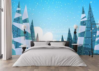 Winter snowy forest pine fir tree woods Wall mural