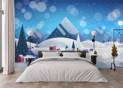 winter village houses mountains hills landscape snowfall background horizontal flat vector illustration Wall mural