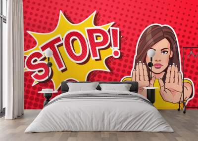 Woman Gesturing No Or Stop Sign Pop Art Style Banner Dot Background Vector Illustration Wall mural