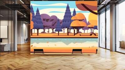 wooden benches and orange trees near lake in public summer city park autumn landscape background Wall mural