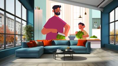 young father and little son preparing healthy vegetables salad at home kitchen parenting fatherhood concept Wall mural