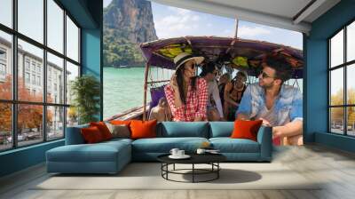 Young People Group Tourist Sail Long Tail Thailand Boat Ocean Friends Sea Vacation Travel Trip Tropical Holiday Wall mural