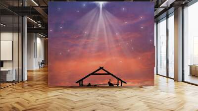 Christmas nativity scene of baby Jesus in the manger with Joseph, Mary and shepherds Wall mural