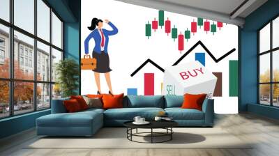 Make decisions to buy or sell stock investments, Global strategy trading and investing money, Business chance bet and finance chart, businesswoman with betting dice buying or selling stock investments Wall mural