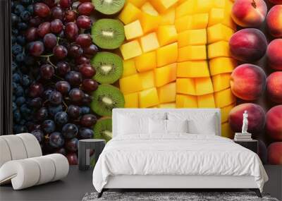 Fresh ripe colorful fruits assorted with rich vitamin nutrition healthy food for background, Many different berries and fruits sliced and arranged tightly together, food background closeup image Wall mural