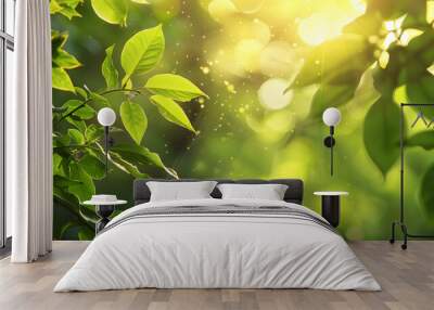 Beautiful natural spring summer defocused background with fresh lush foliage and bokeh in nature Wall mural