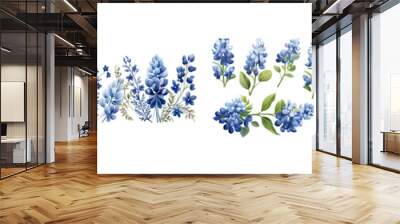 Bluebonnet branches with green leaves watercolor illustration. Flat vector illustration isolated on white background Wall mural