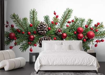 decorated spruce branches in the shape of a Christmas tree on transparent background Wall mural