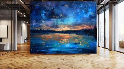 painting of a night sky with stars above a lake Wall mural