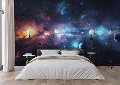 Panorama Space galaxy scene with planets, stars and galaxies. Banner template. Many Nebulae and galaxies in space, many light years away Wall mural