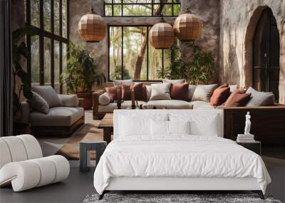 Rustic furniture, sofa and lounge chairs in classic room. Boho interior design of modern living room  Wall mural