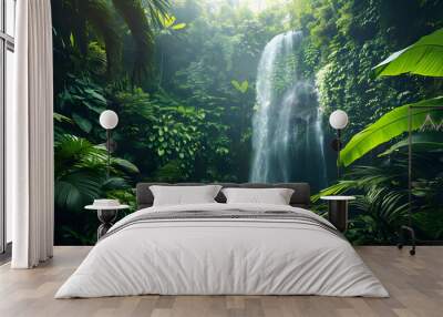 Wide panorama beautiful green nature view scenic landscape waterfall in tropical jungle rain forest Wall mural