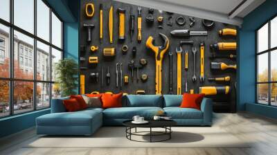 A collection of different tools including a yellow and black tool Wall mural