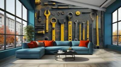 A collection of different tools including a yellow and black tool Wall mural