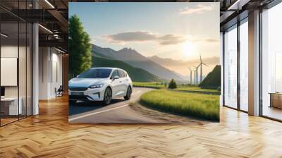 Electric car drive on the wind turbines background,Car drives along green landscape,Electric car driving along windmills farm, Alternative energy for cars, Car and wind turbines farm, 3d Wall mural