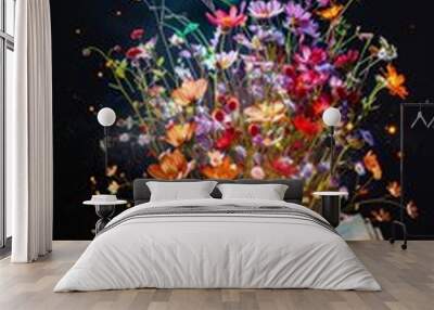 Photo open book with fantastic levitation glowing colorful flowers splas Wall mural