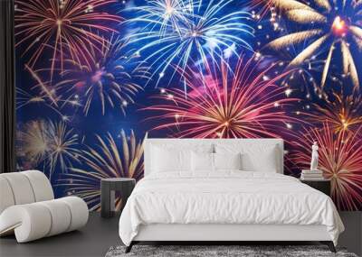 USA america united states new year or Independence Day celebration holiday background greeting card - Blue red white firework on dark night sky stock photo Wall mural