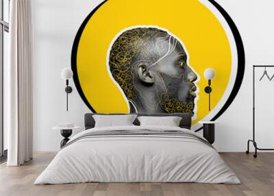 African-american man with head rounded yellow on white background. Copyspace for your proposal. Modern design. Contemporary artwork, collage. Concept of phycology, thinking, brainstorming, fashion. Wall mural