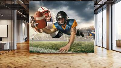 American football players in fight for goal at stadium in flashlights. Professional sportsman during game playing in action and motion. Wall mural